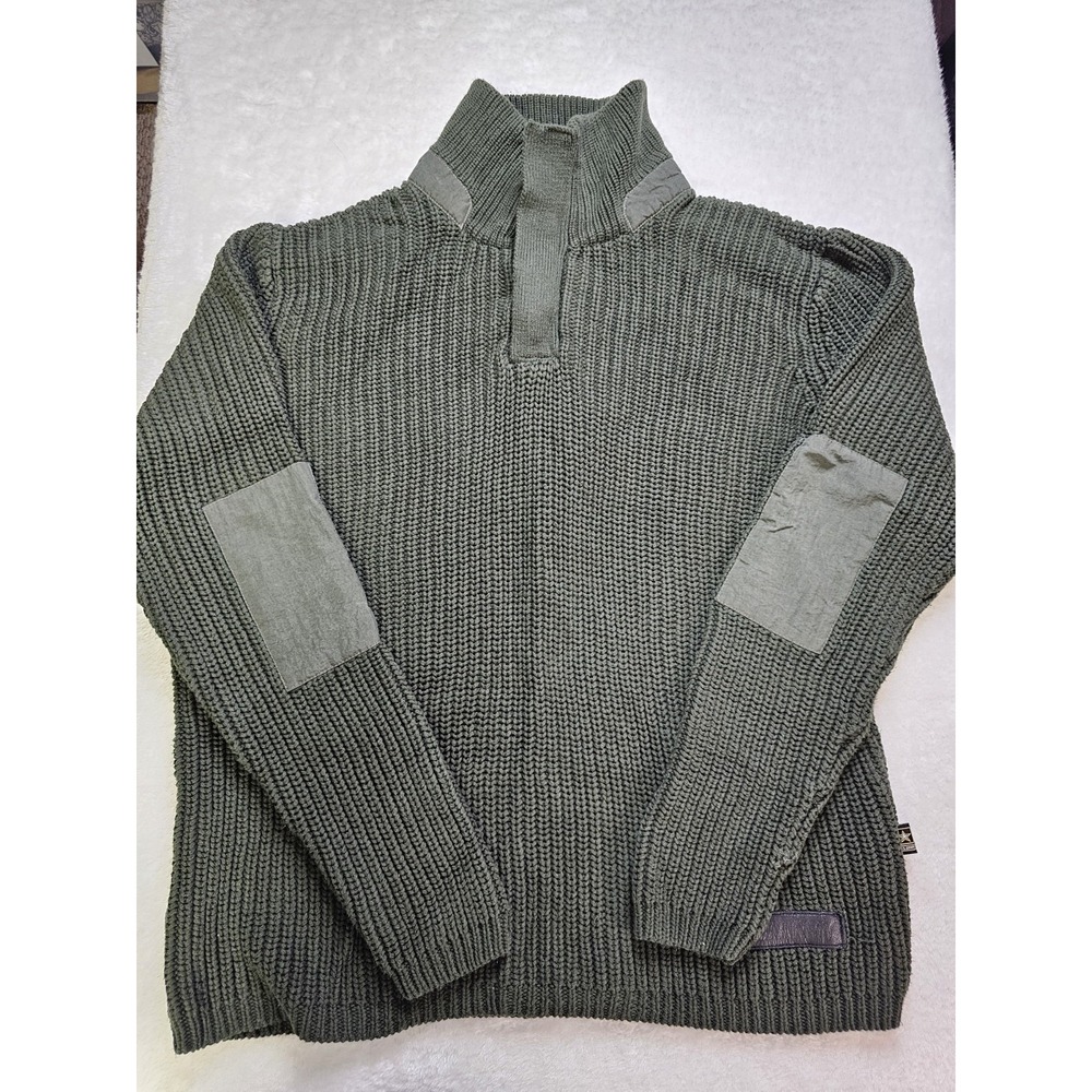 US Army Cableknit 1/4 Button Pullover Sweater With Elbow‎ Patches Mens L